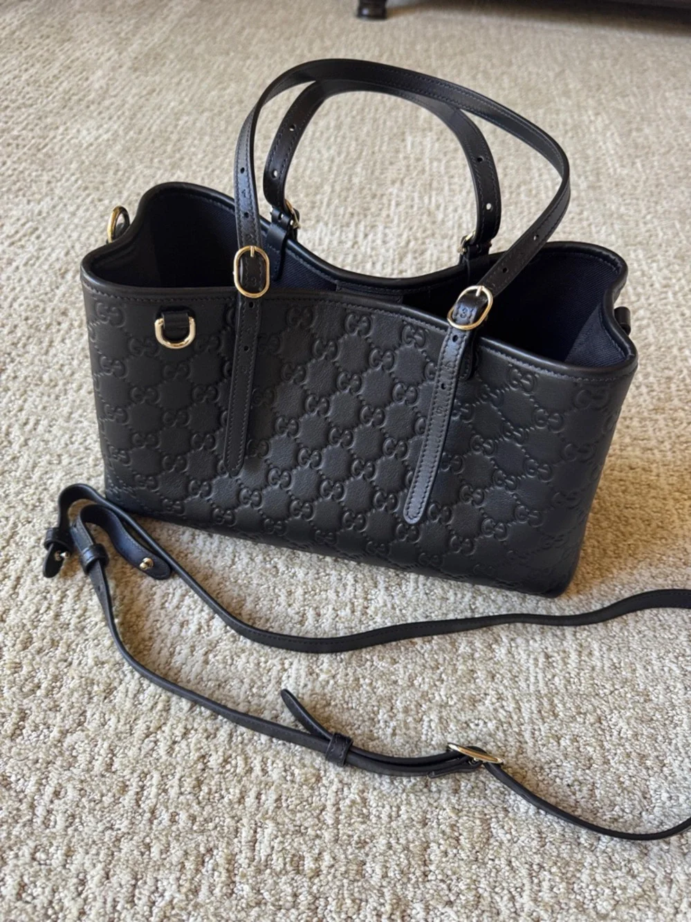 Gucci Black Embossed GG Leather Tote with Double Shoulder Straps - Picture 3 of 9